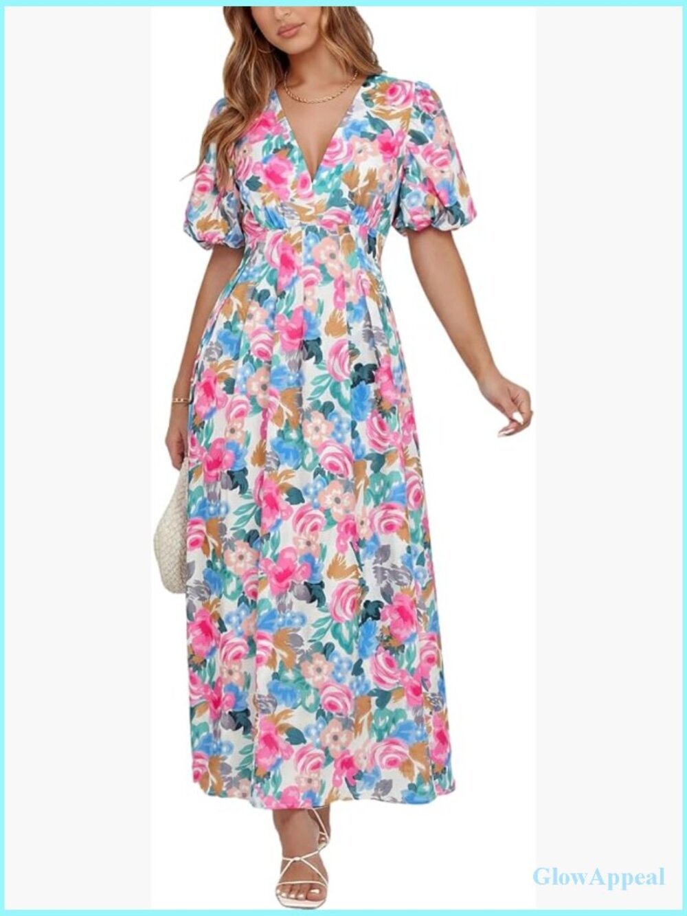 Women's Floral Maxi Dress V-Neck Elastic Waist Short Sleeve Summer Wedding Guest